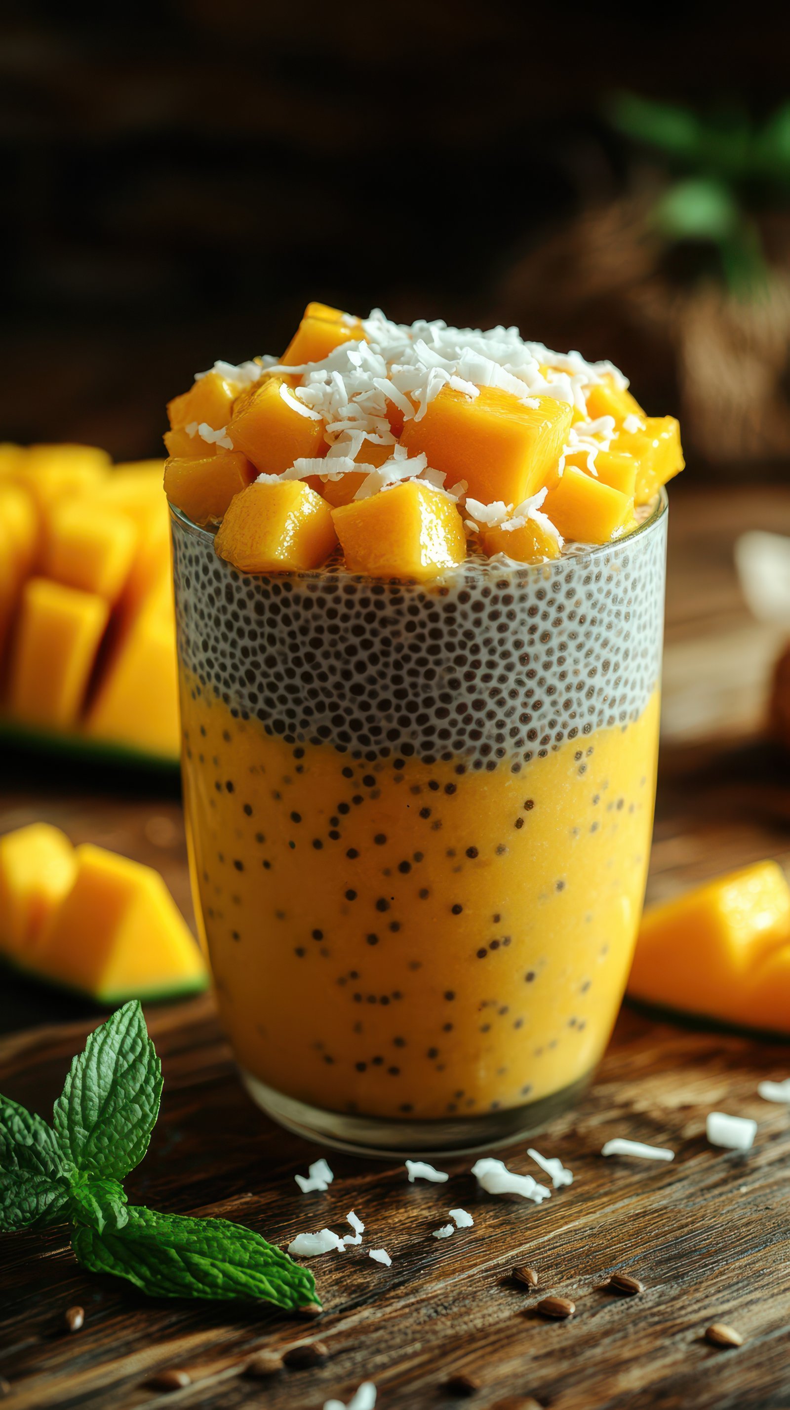 Refreshing mango chia pudding topped with fresh mango and coconut at a cozy kitchen setting
